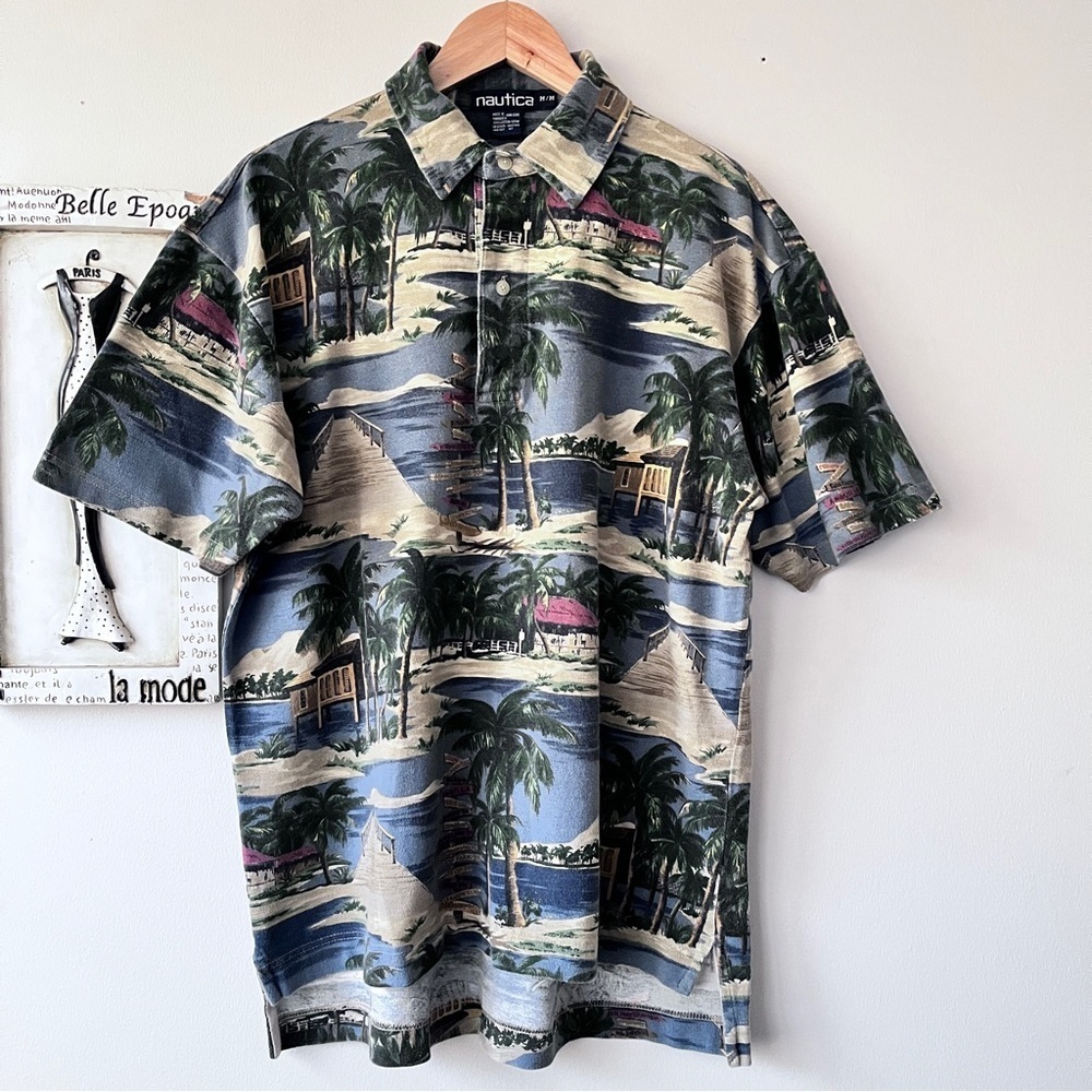 Men’s 90s Vintage Nautica Hawiian Tropical Printed Polo Cotton Shirt Size M